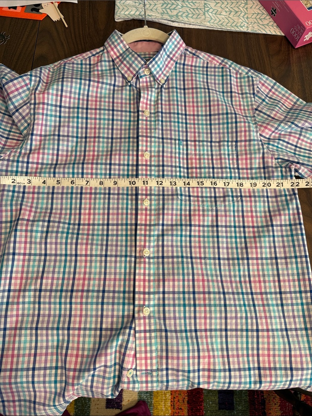Izod Men's Premium Essentials Blue and Pink Plaid Button-Down Shirt Medium - Picture 13 of 14